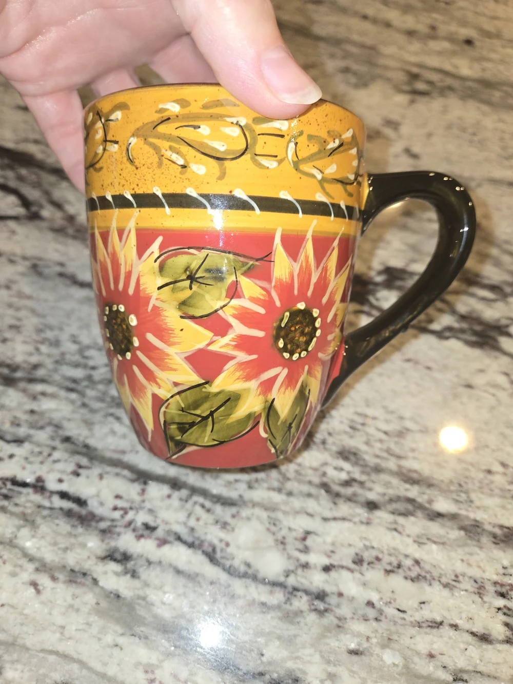 Pier 1 Imports Sunflower Coffee Mug Hand Painted Terracotta 12oz Set Of 2